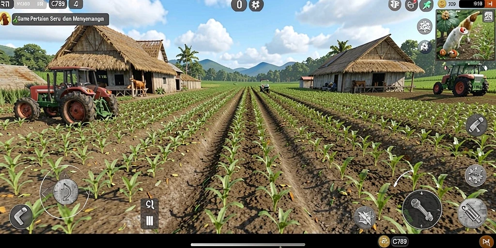 Gameplay C789 menampilkan petani yang sedang merawat tanaman dan hewan.
