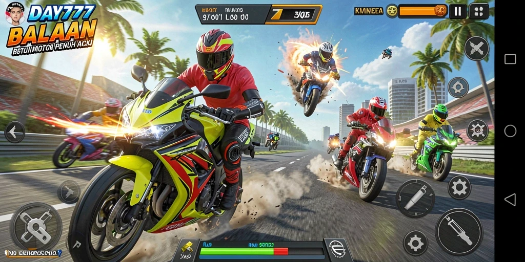 Tampilan gameplay DAY777 yang seru dan penuh aksi balapan motor.