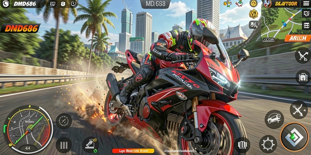 Tampilan gameplay DMD686 yang penuh aksi balapan motor.