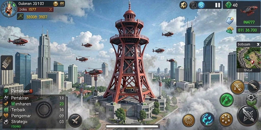 Tangkapan layar gameplay menunjukkan pertempuran menara yang menegangkan.
