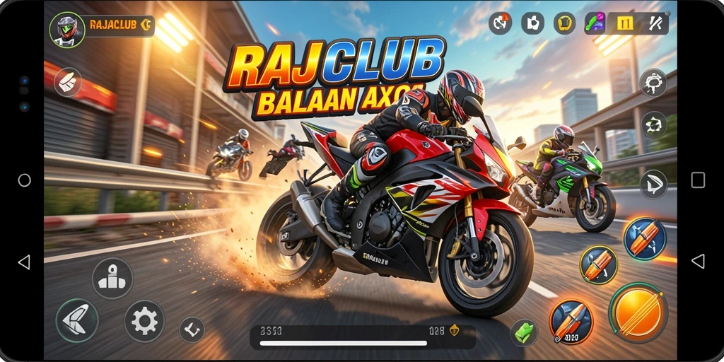 Gameplay seru RAJACLUB dengan motor balap kencang.