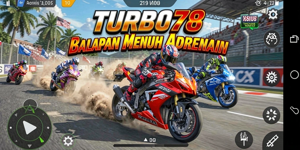 Tampilan gameplay menarik dari TURBO78 yang menunjukkan keseruan balapan motor.